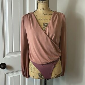 Lovers And Friends Bodysuit Long Sleeve Faux Wrap Thong  Mauve